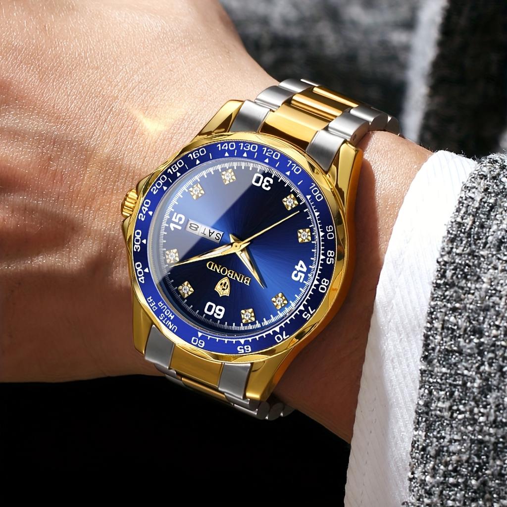BINBOND Herrenuhr für Herren Klassische Doppelkalenderanzeige Leuchtzeiger Wasserdicht Edelstahlarmband Business Herrenuhren