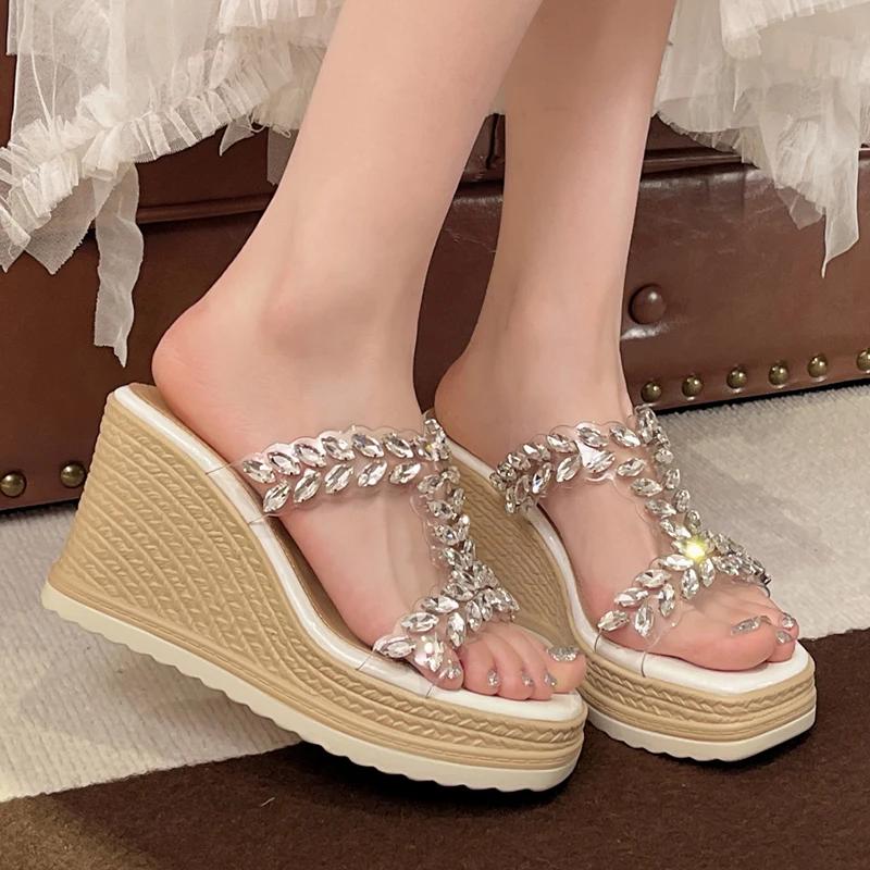 Fashion Fashion Rhinestone Wedge Heel Slippers Women Transparent Pvc Chunky Platform Sandals Woman Shiny Crystal Thick Bottom Sandalias