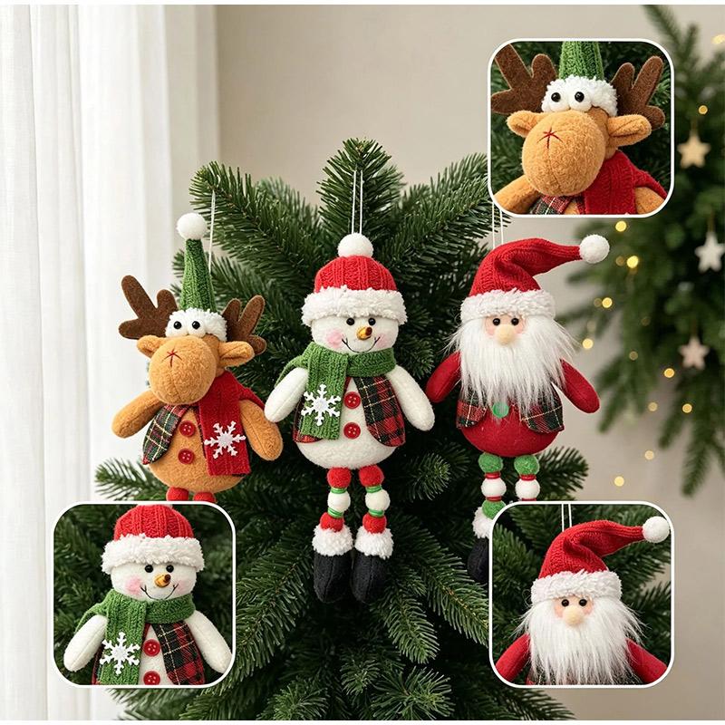 Christmas Tree Plush Hanging Ornaments Santa Snowman Reindeer Doll Pendants Tartan Cloth Xmas Home Holiday Party Gift Ornaments