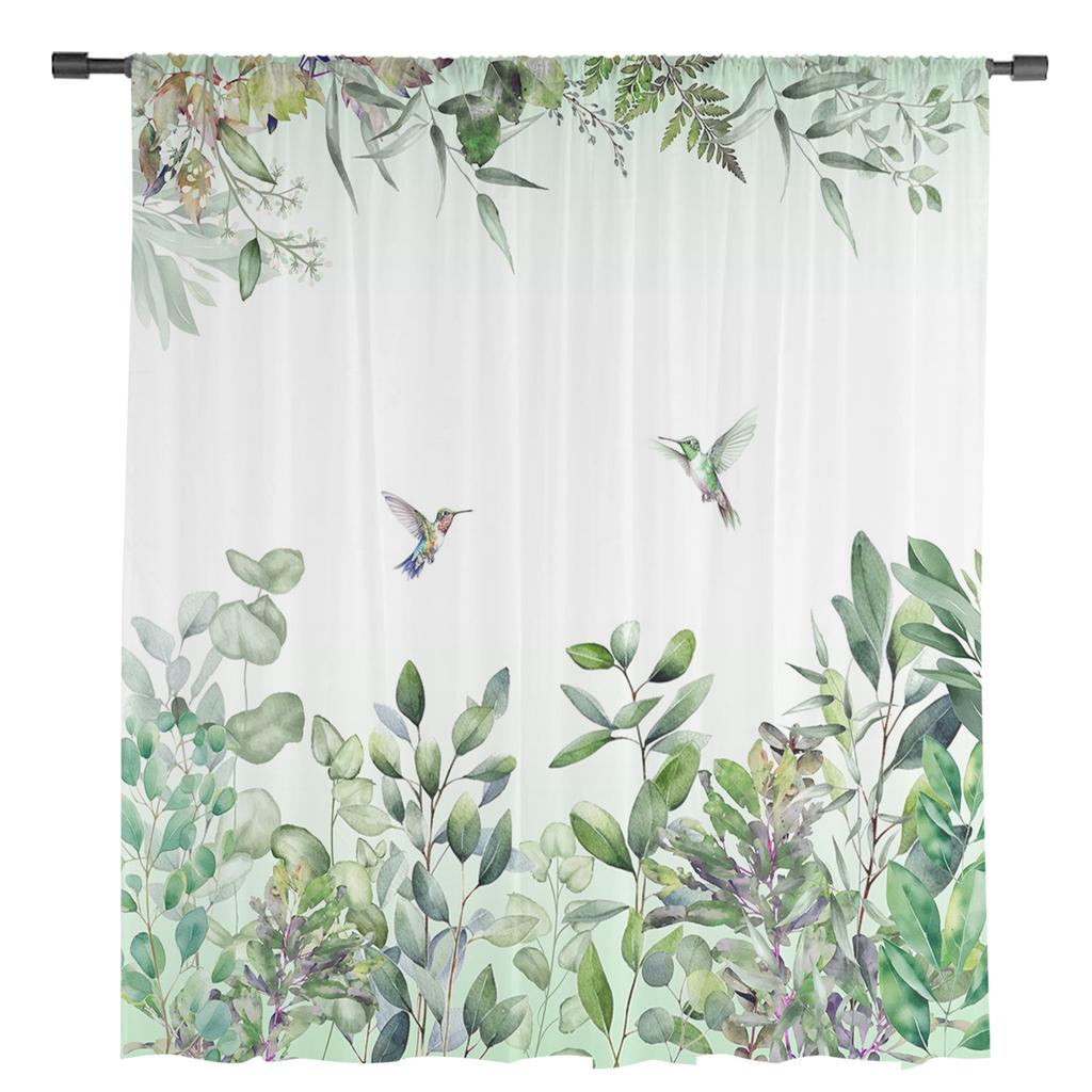 Aquarell-Pflanzenblätter, Kolibri, grün, durchsichtiger Fenstervorhang, Tüllvorhänge für Wohnzimmer, Schlafzimmer, Wohnkultur, Voile-Vorhänge