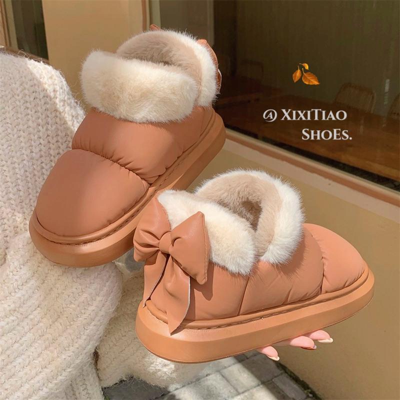 Bow Knot Short Ankle Snow Boots Women Winter Plush and Thick Insulation Waterproof PU Cotton Household Shoes Home Slipper Women