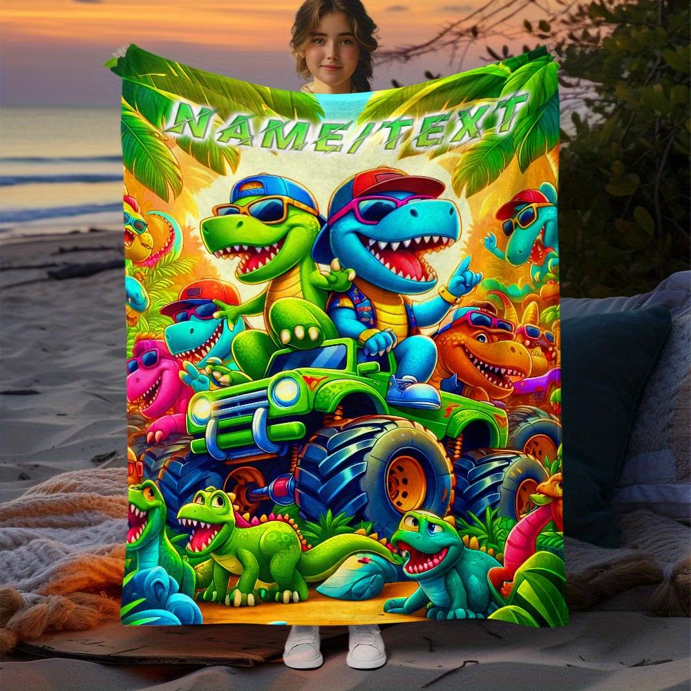Custom Dinosaur Fleece Blanket Personalized Name Photo Throw Soft Cozy Plush Blanket For Kids Boys Girls Bed Sofa Gift
