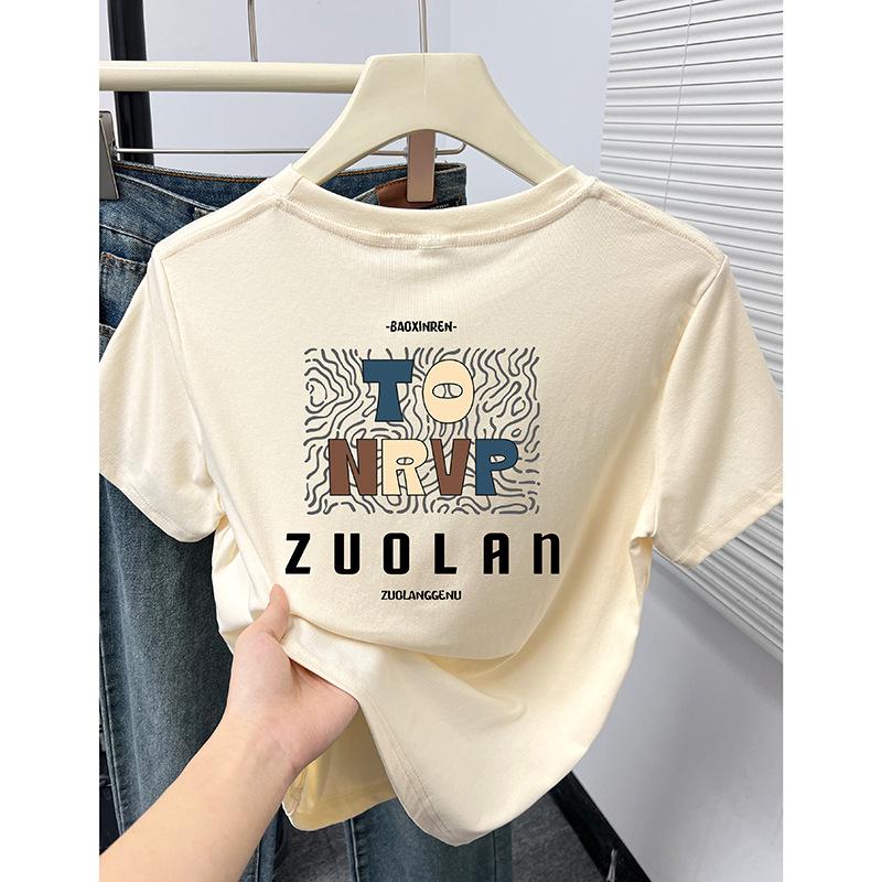 

2024 Women s Slim Fit Letter Print Round Neck T-shirt - Short Sleeve Summer Fashion M абрикосовий/вершковий