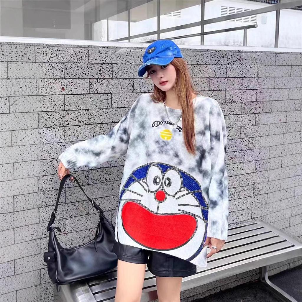 Trendy 2024 Autumn/Winter Women's Doraemon Rhinestone Tie-Dye Knit Sweater