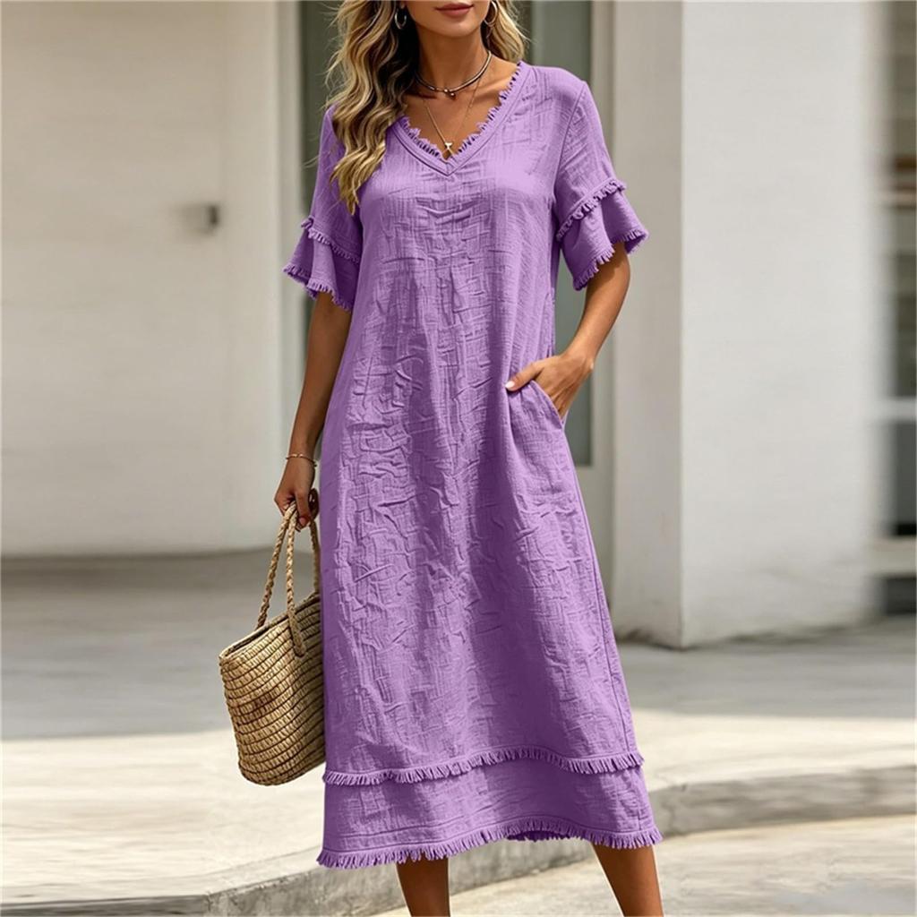 Women's Casual Loose Fit Midi Dress V Neckline Half Sleeve Ruffle Trim Lightweight Summer Dress