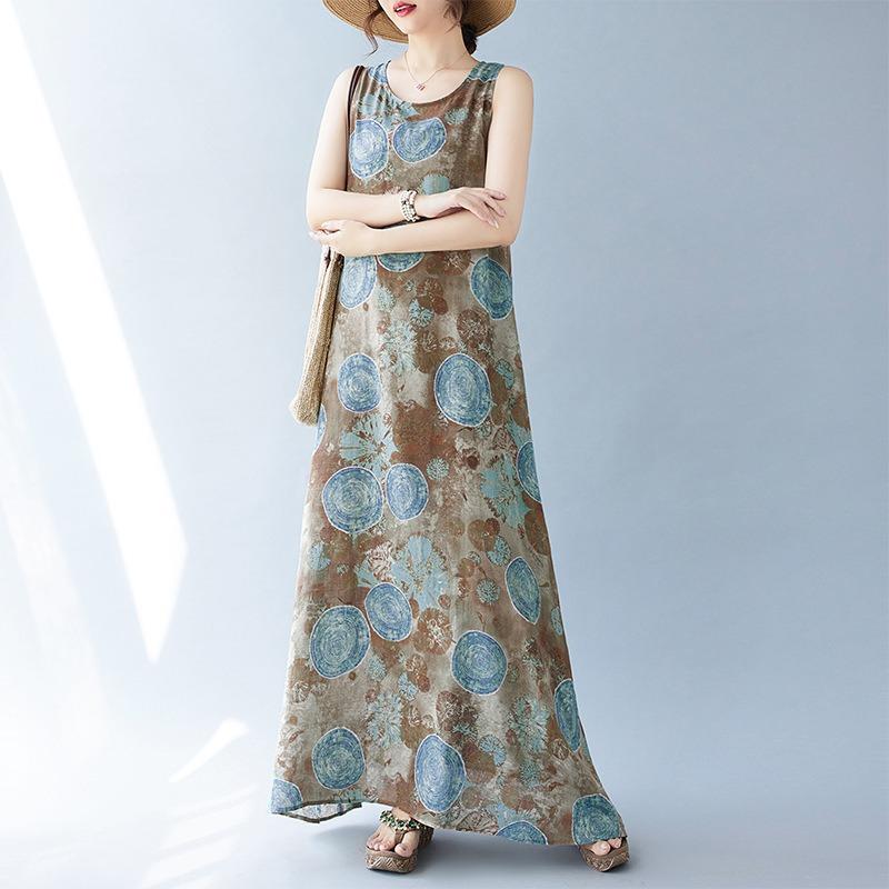 Real Summer New Bohemian Literary Loose Round Neck Print Sleeveless Dress Women's Medium and Long