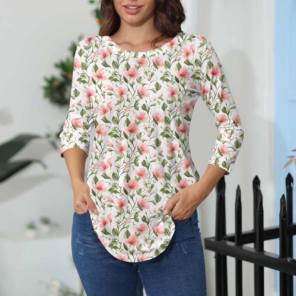 Damen-T-Shirts, 3/4-Ärmel, einfarbig, Pullover, Sommer, Frühling, Tops, Blusen