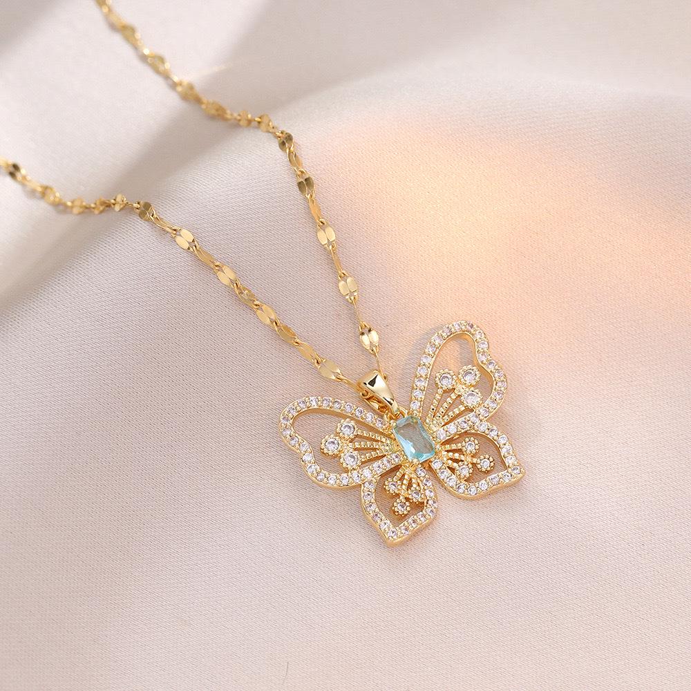 Butterfly Necklace with Color-Retaining Zircon - Fashionable, Versatile Women's Jewelry Accessory.