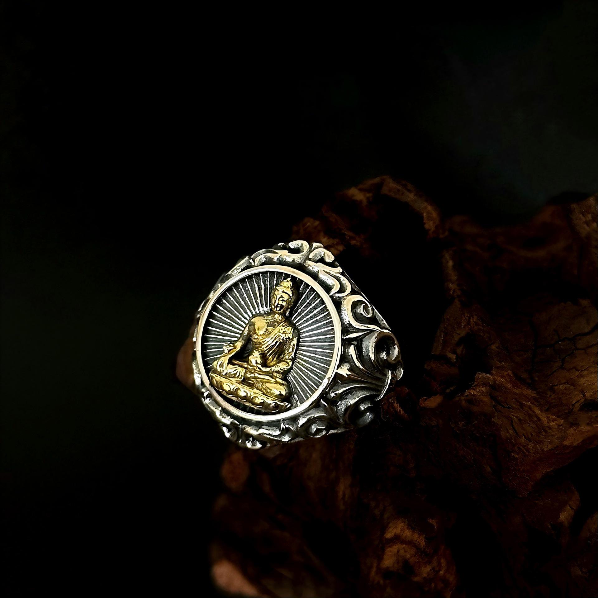 

S925 Sterling Silver Retro Medicine Buddha Unisex Ring with Tang Dynasty Patterns - Ethnic Style