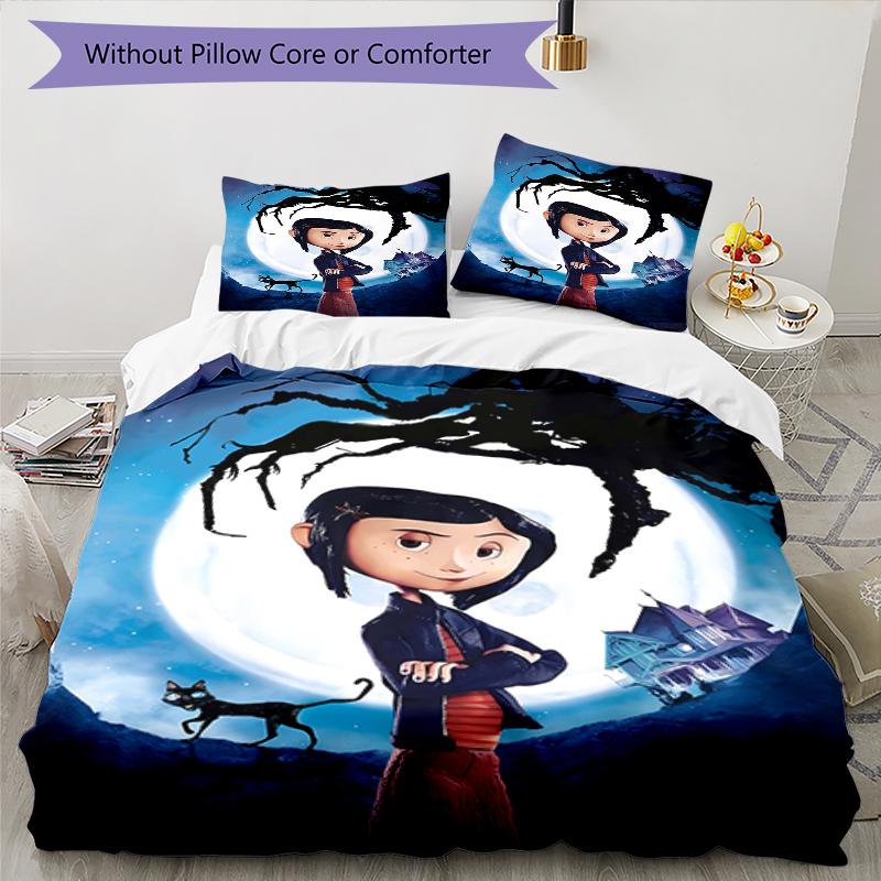 3pcs Coraline (7) Design Cover Set - HD Printed Bedding with 1 Cover and 2 Pillowcases - Perfect for Home and Dorm Decor