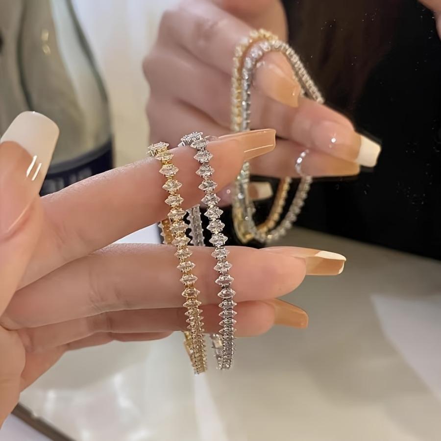 Elegant Tennis Bracelet Featuring Roman Geometric Design with Zirconia Stones, Perfect for Women. A Trendy Goth Accessory, Fully Adorned with Marquise