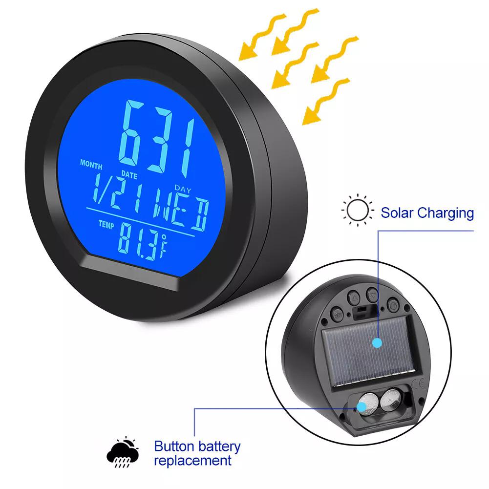 Solar Car Clock Digital Time Watch 2 In 1 Auto Clocks Thermometer With Backlight LCD Digital Display Car Interior Accessories