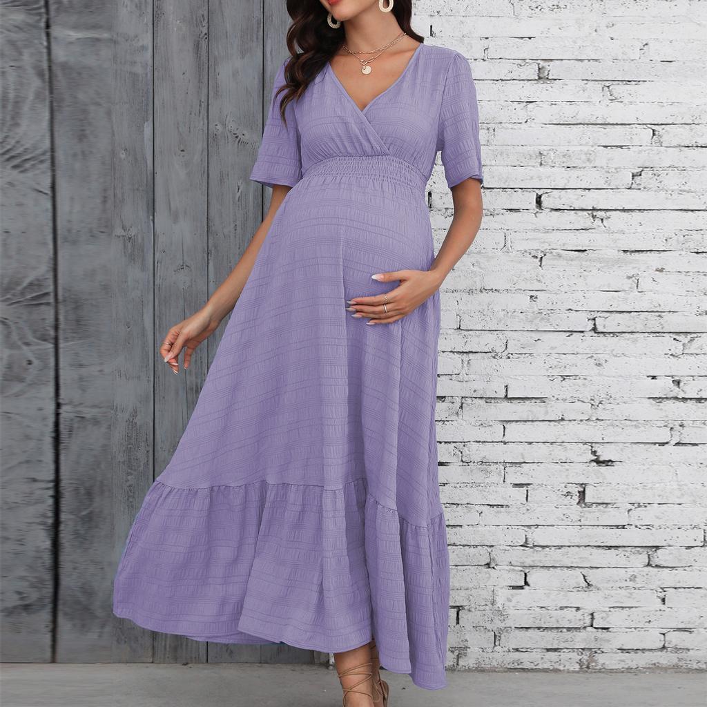 Women V Neck Short Sleeve Maternity Maxi Dress Waist Design A Line Long Dress Comfortable Fit