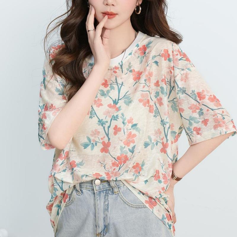 DIMANAF 2026 Plus Size Summer Beach Women T-Shirts Casual Lady Tops Tunic Tees Shirt Oversize Loose Floral Print Knitted