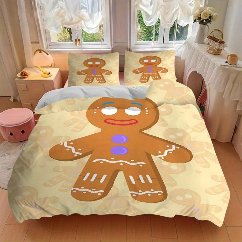 3Pcs Gingerbread Man Printed Bedding Set, Breathable And Soft, Machine Washable, Christmas Gift, Suitable for Bedroom Decoration, 15195