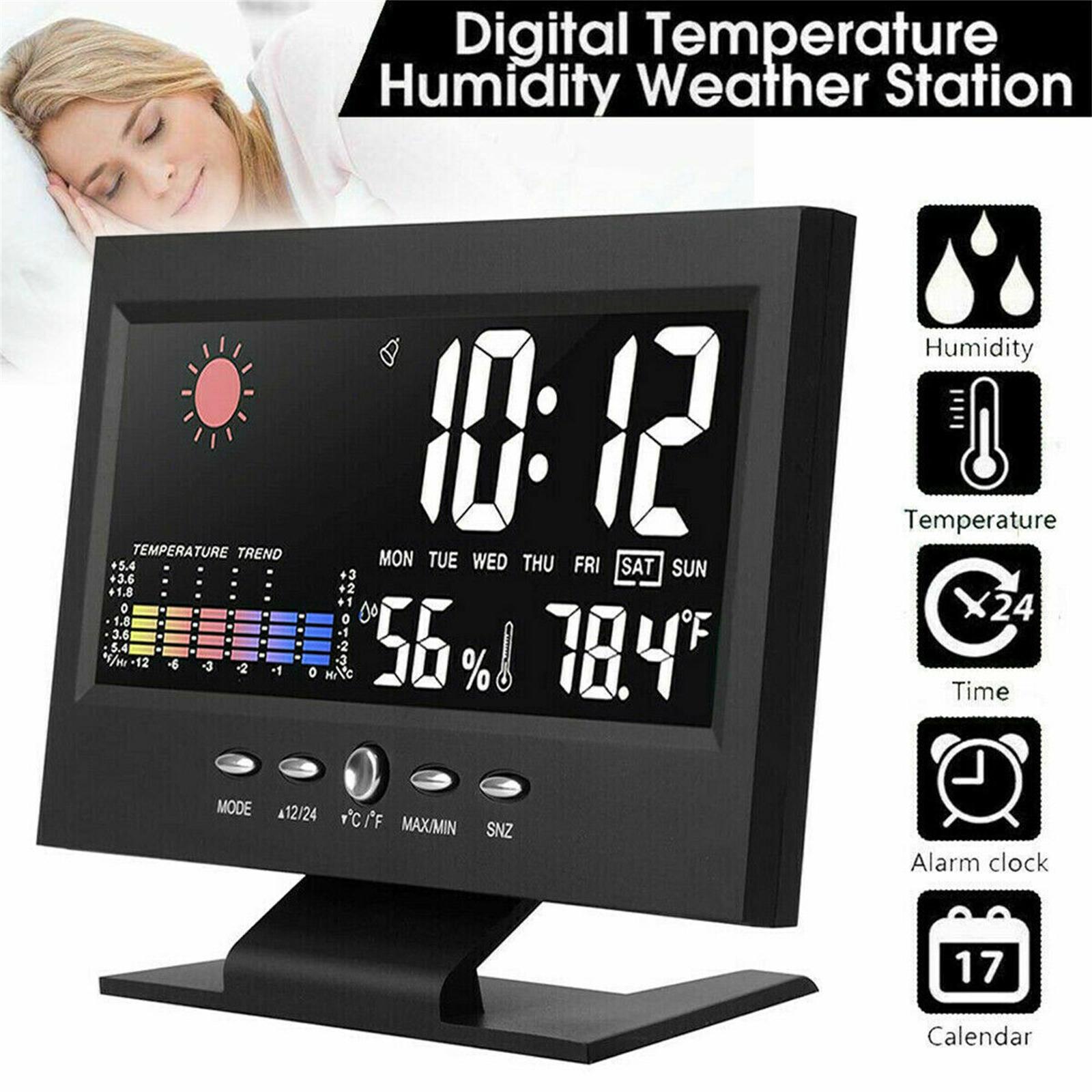 5-in-1 Desktop Digital Alarm Clock Voice Control Touch Screen Energy Saving Led Temperature Humidity Monitor black#0