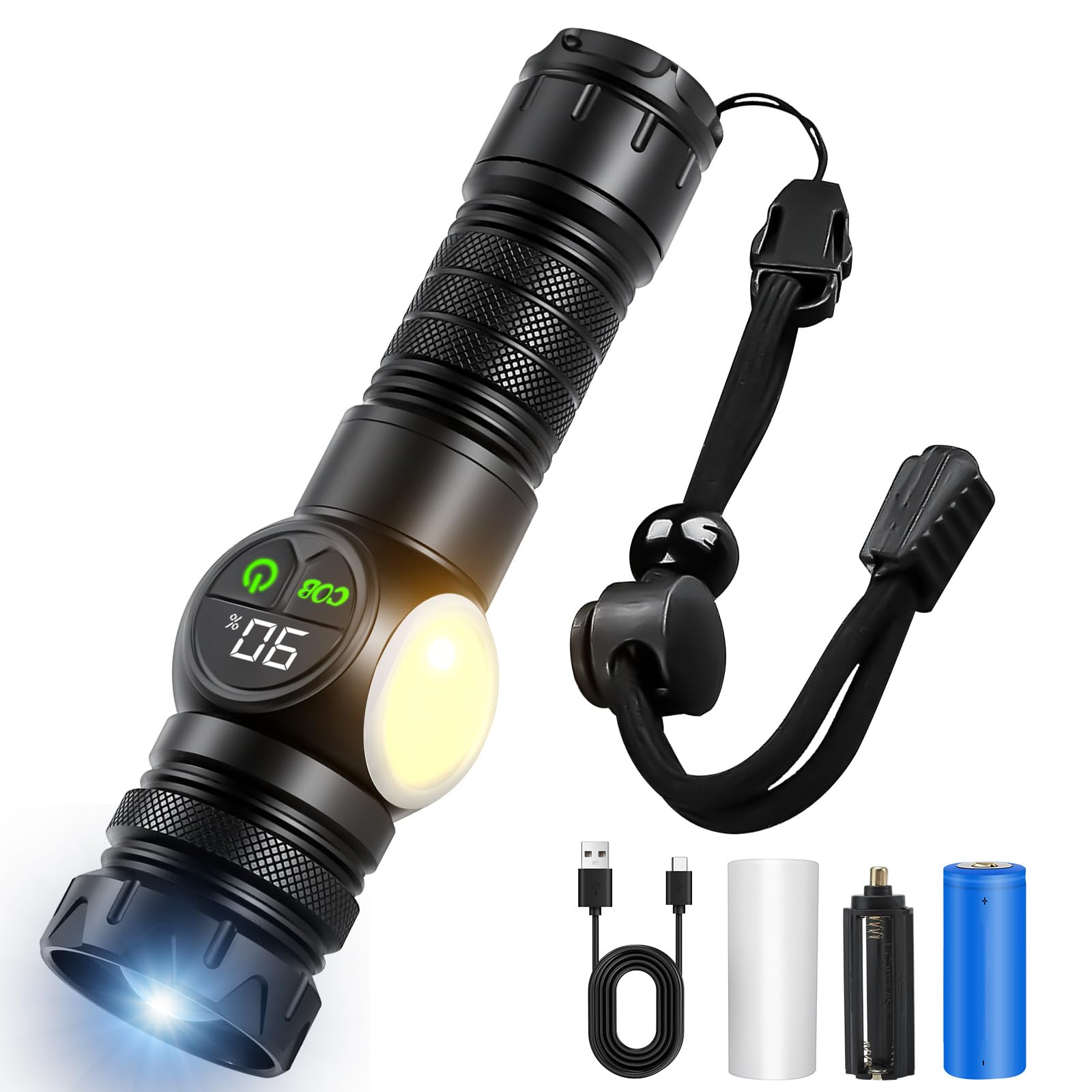 

DAI NING Мощный светодиодный фонарь Высокий 9 уровней яркости ЖК-экран с цифровым индикатором уровня заряда батареи Корпус из алюминиевого сплава Ударопрочный и прочный IP65 Идеально подходит для военных ночных операций чёрный