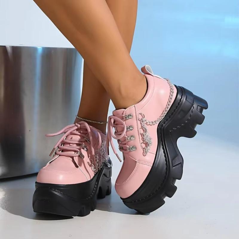 Gothic Punk Klobige Sneaker Damen Schwarzes Ketten-Dekor Plateau Sportschuhe Dicke Sohle Rutschfest Punk Sneaker