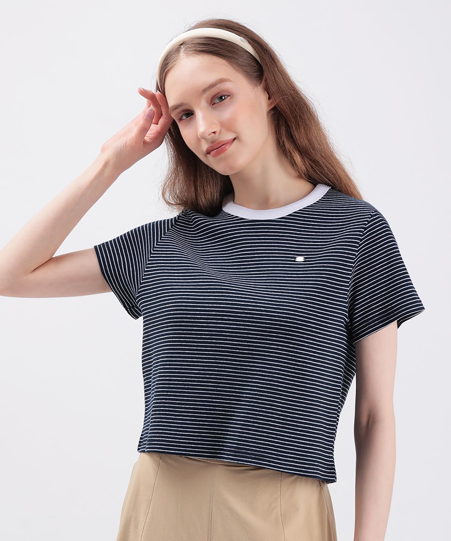 When You Move Striped Metal Logo Crop T-Shirt Navy