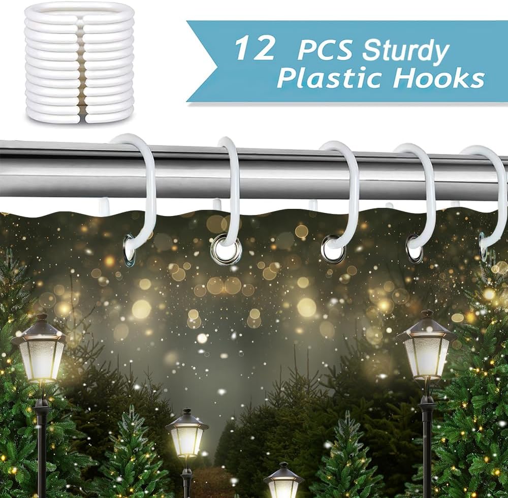 Christmas Winter Snowflake Pine Tree Shower Curtain Snow Street Lamps Bokeh Santa Party Decorations Waterproof Fabric Bathroom
