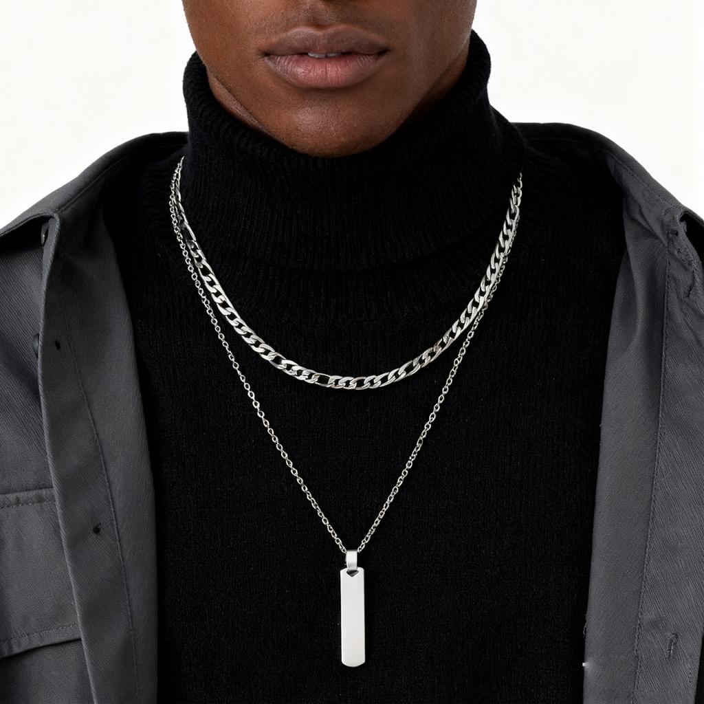 2pcs Vertical Layer Necklaces for Men Boys,Wateproof Stainless Steel Cuban Chain Collar,Stylish Men's Sweater Chain