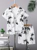 Men's Blue Ocean Palm Tree Print Short Shirt and Shorts Set, Hawaiian Beach Vacation Style Shirt Set