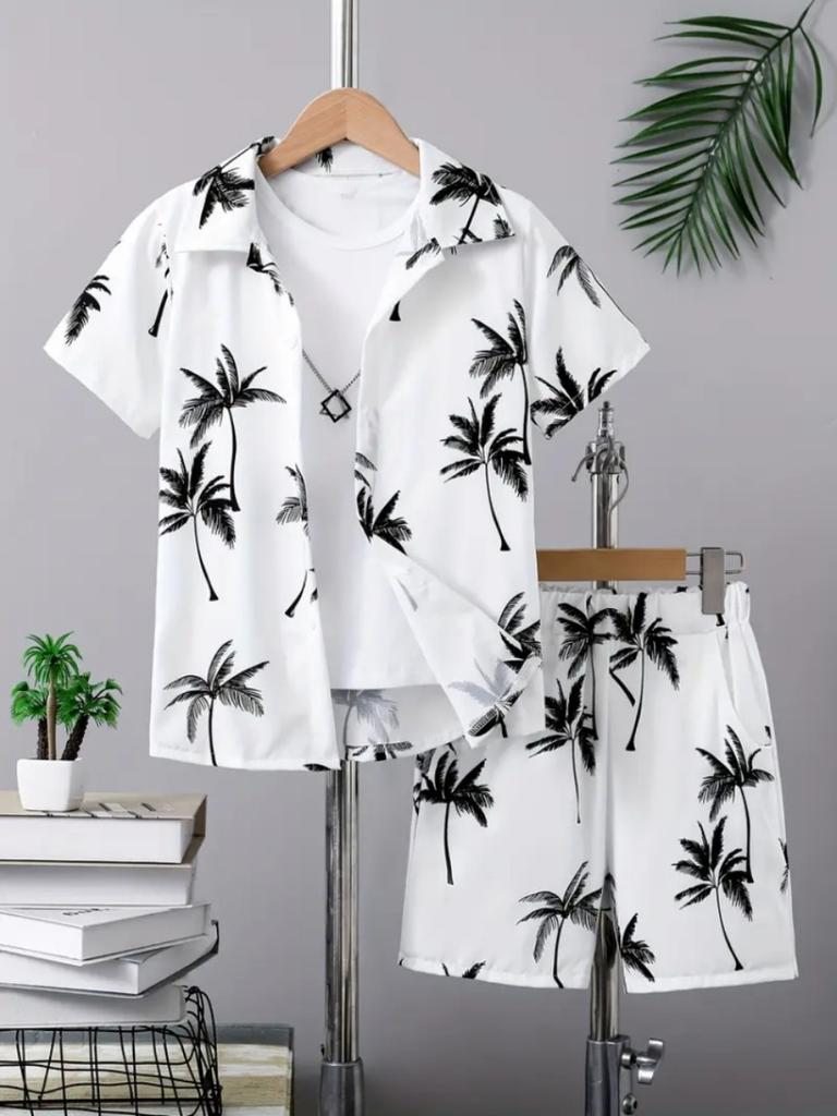Men's Blue Ocean Palm Tree Print Short Shirt and Shorts Set, Hawaiian Beach Vacation Style Shirt Set