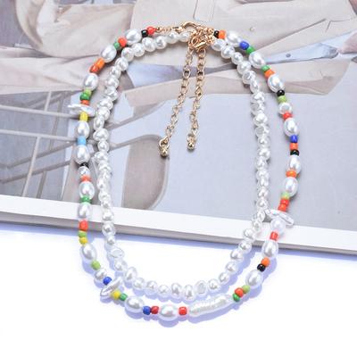 Bohemian Handmade Pearl Multi-Layer Necklace, Simple And Creative Exaggerated Color Rice Bead Necklace Pendant For Women