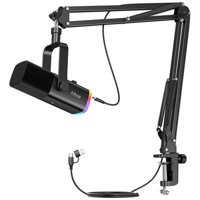 FIFINE Gaming Microphone Set for Streaming and Dynamic PC Microphone with Boom Arm RGB Mute Headphone for Voice and AmpliGame AM8T XLR/USB Podcasts,