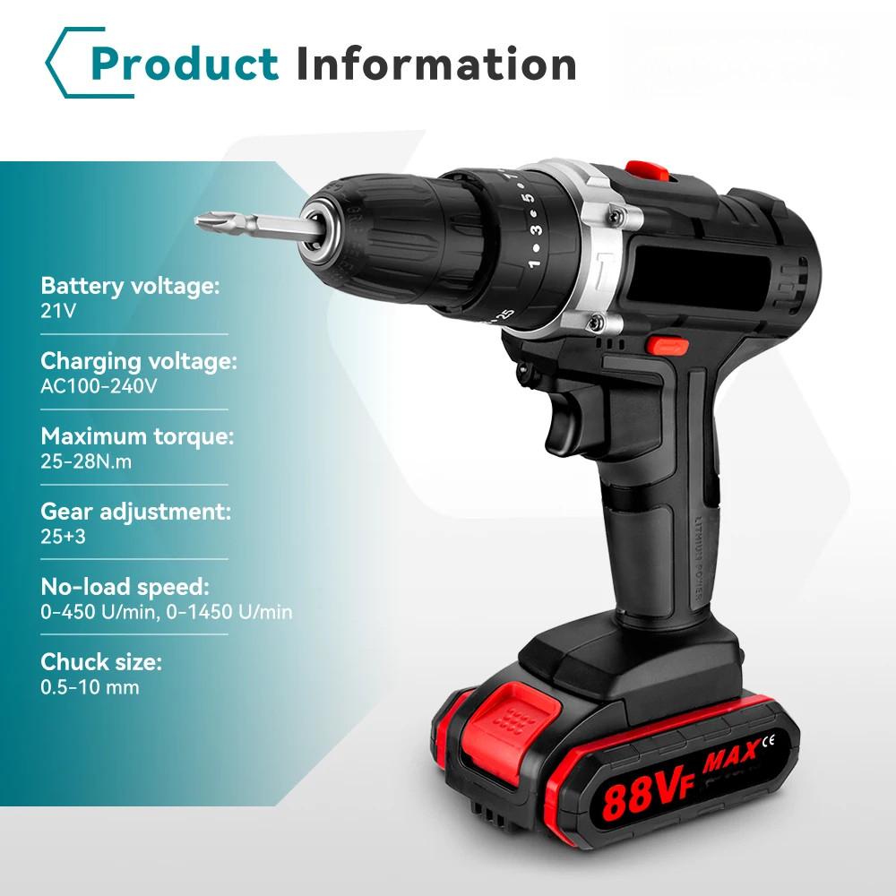 25+3 Torque Cordless Portable Electric Impact Drill Screwdriver Household Efficient Woodworking DIY Power Tool