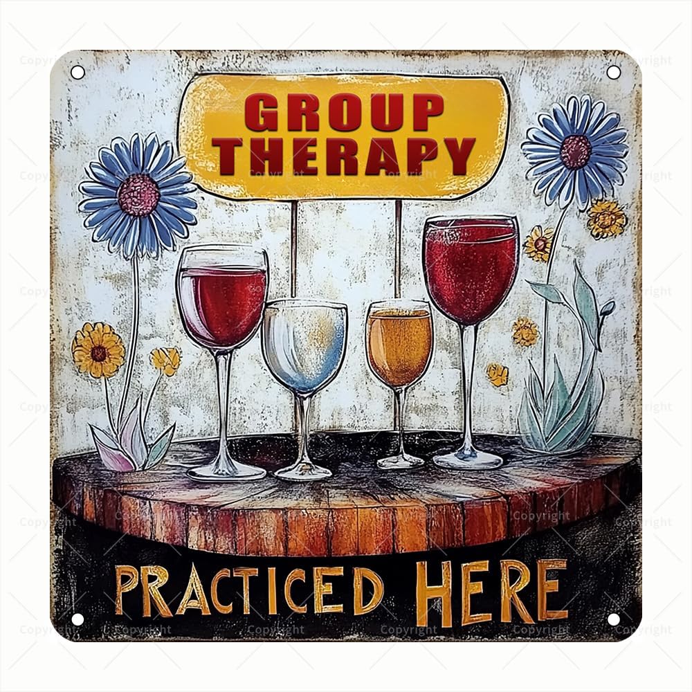 

u1Square Metal Tin Signs Group Therapy Practiced Here Retro Wine Beer Bar Decor Square Tin Sign for Home Bar Patio 20x30cm（7.8x11.8inch）