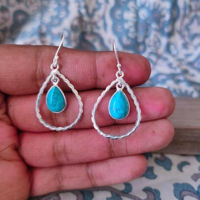 Solid 925 Sterling Silver Lab Turquoise Gemstone Women Dangler Handmade Earring Gift For Mom, Statement Earring