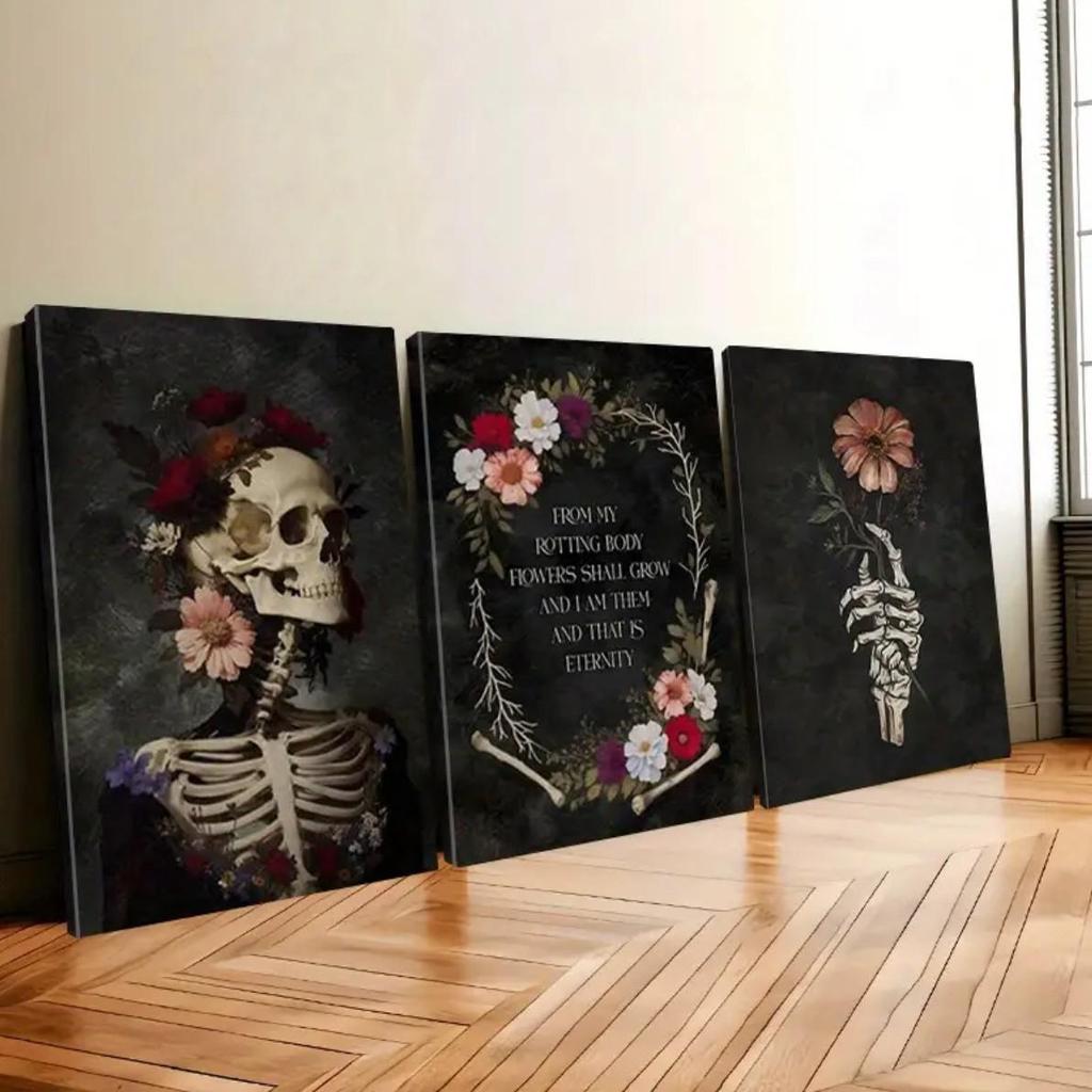Halloween Skull Rose Canvas Wall Art with Pine Frame for Bedroom and Living Room