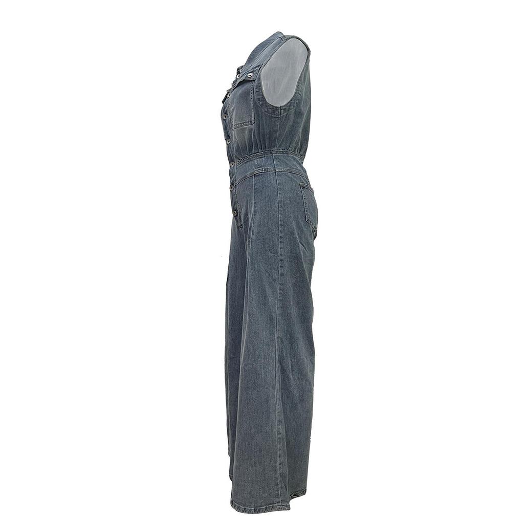 Women's Casual Washed Sleeveless Denim Jumpsuit with Wide-Leg Pants - TS1300 Cross-border Source