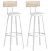 Bar Stools, Set of 2, Padded Seat, 75.5 cm High, Backrest and Footrest, Natural Wood and White
