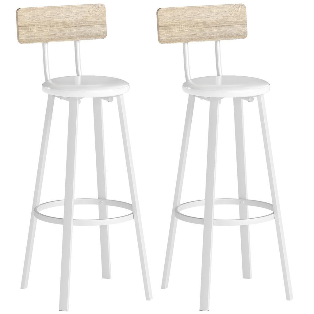 Bar Stools, Set of 2, Padded Seat, 75.5 cm High, Backrest and Footrest, Natural Wood and White