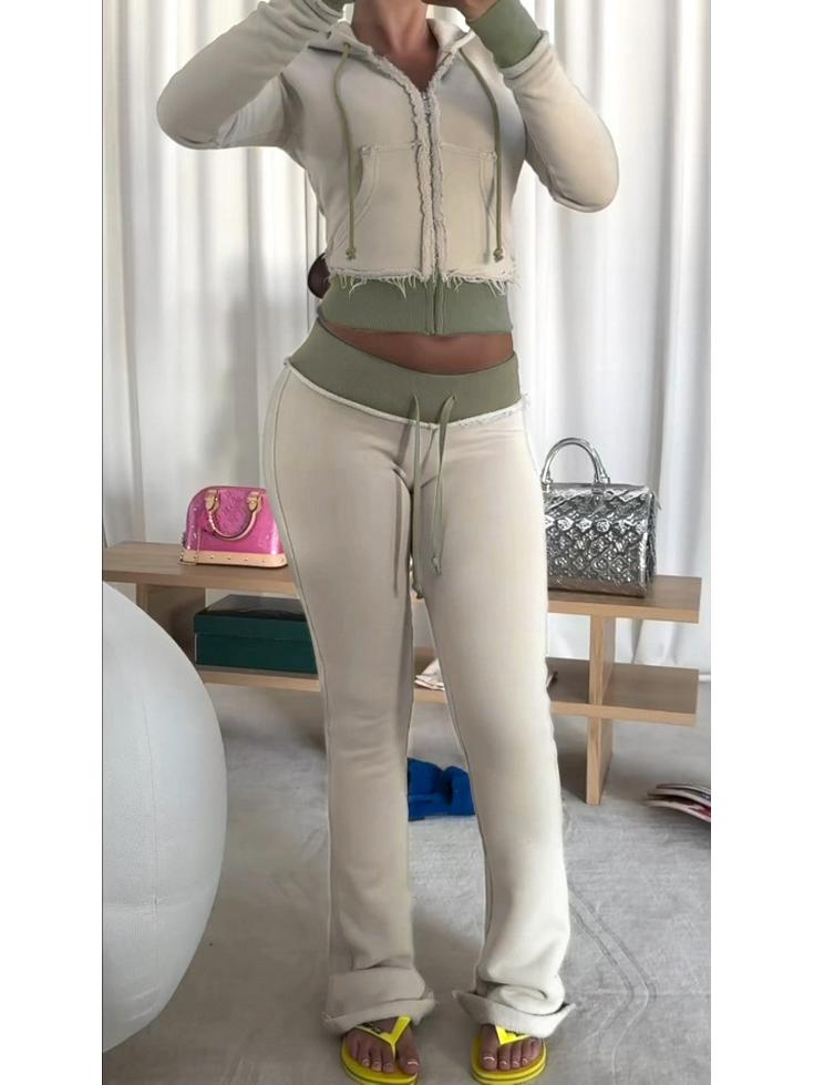 Set con felpa casual color block e pantaloni in maglia da donna Street Style 2025 per Primavera e Autunno