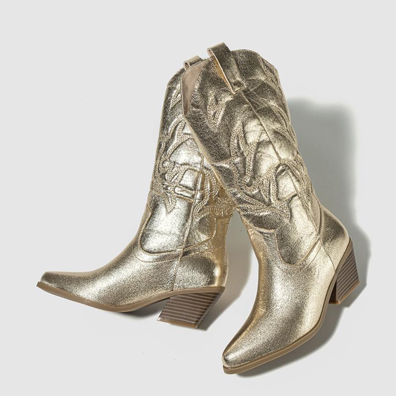 Botas Cowboy Ocidentais Bordadas da Moda Para Mulheres Couro Dourado Prata Bico Fino Salto Baixo de Casco Calçados de Cano Médio de Encaixe