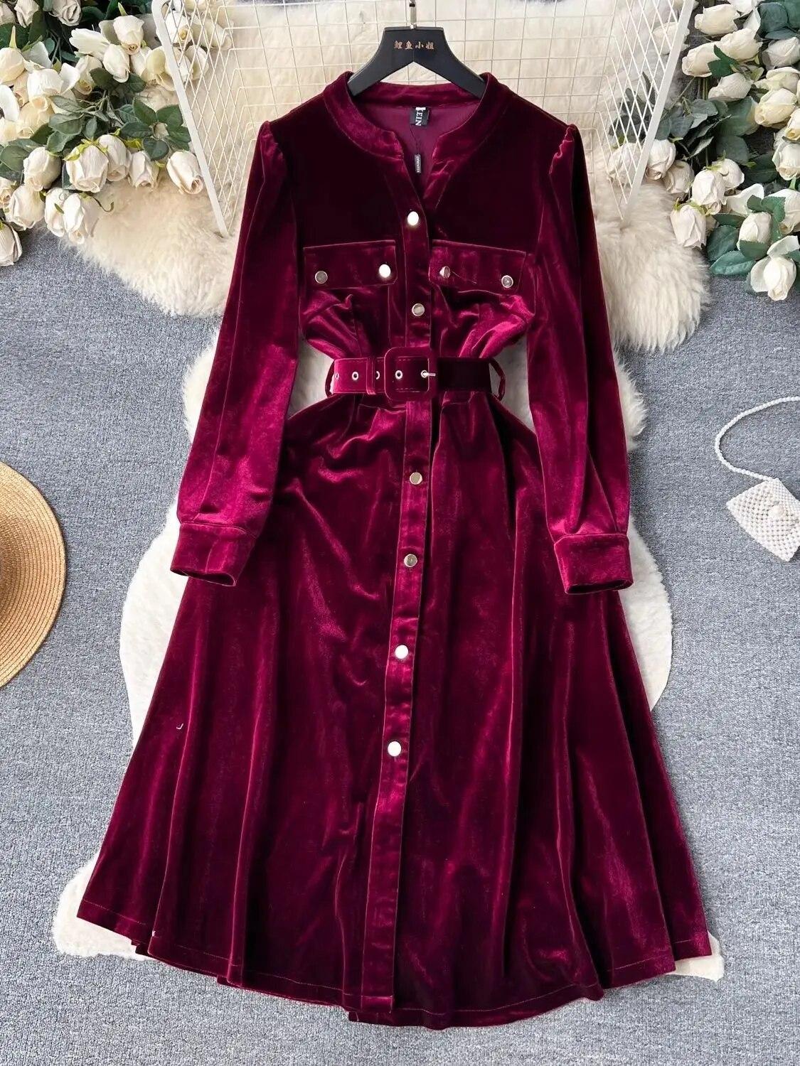 

Осень-зима винтажное бархатное платье миди женское однобортное платье с длинным рукавом и v-образным вырезом с карманами и поясом для офисных вечеринок XXL кларет