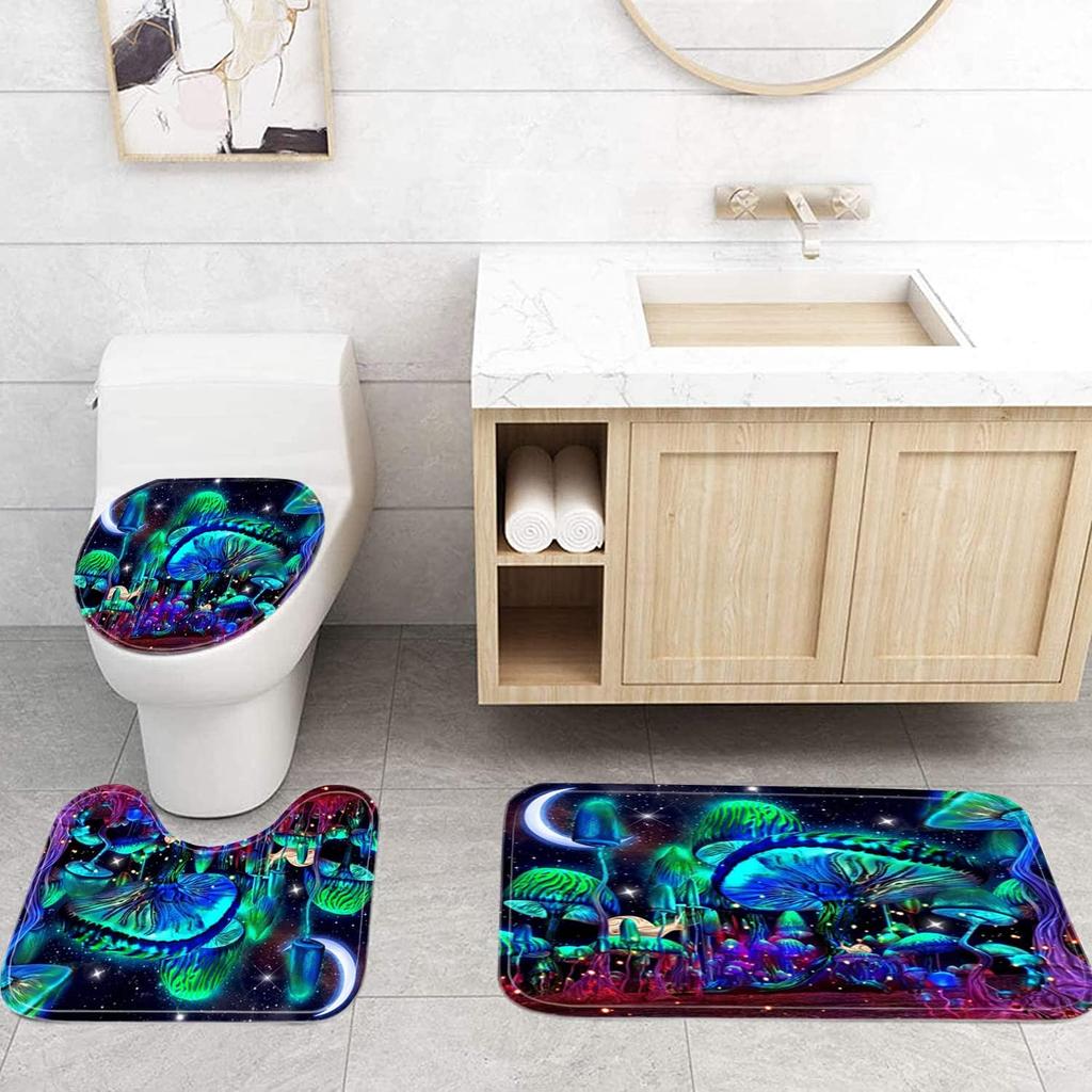 4-teiliges Duschvorhang-Set mit rutschfester Badematte, Toilettendeckelbezug, Kontur-Teppich & 12 Haken, Badezimmer