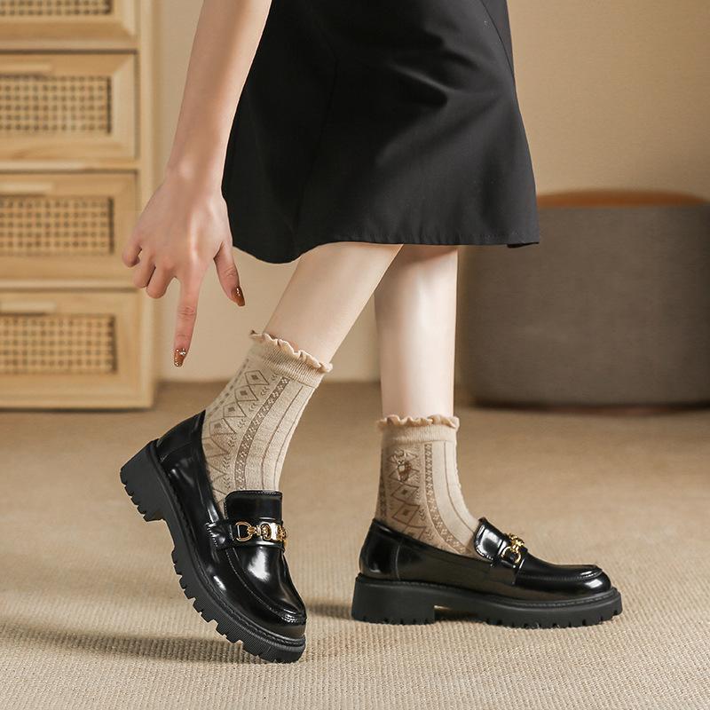 Wiosenny Styl Brytyjskie Mokasyny na Grubym Obcasie i Grubej Podeszwie, Damskie Małe Skórzane Buty