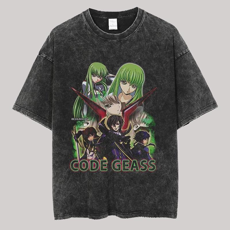 Vintage Washed Men's T Shirts Code Geass Anime Printed Clothes Casual Men's Clothing Women's T Shirt