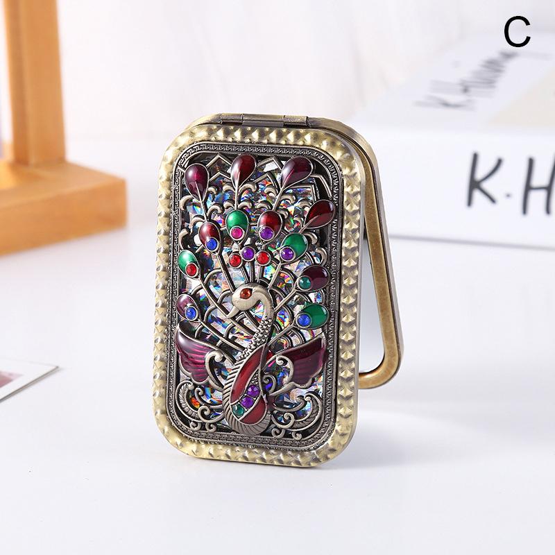 Foldable Retro Handheld Makeup Mirror Peacock Printed Compact Pocket Mirror Double Sided Rectangular Makeup Dressing Mirror