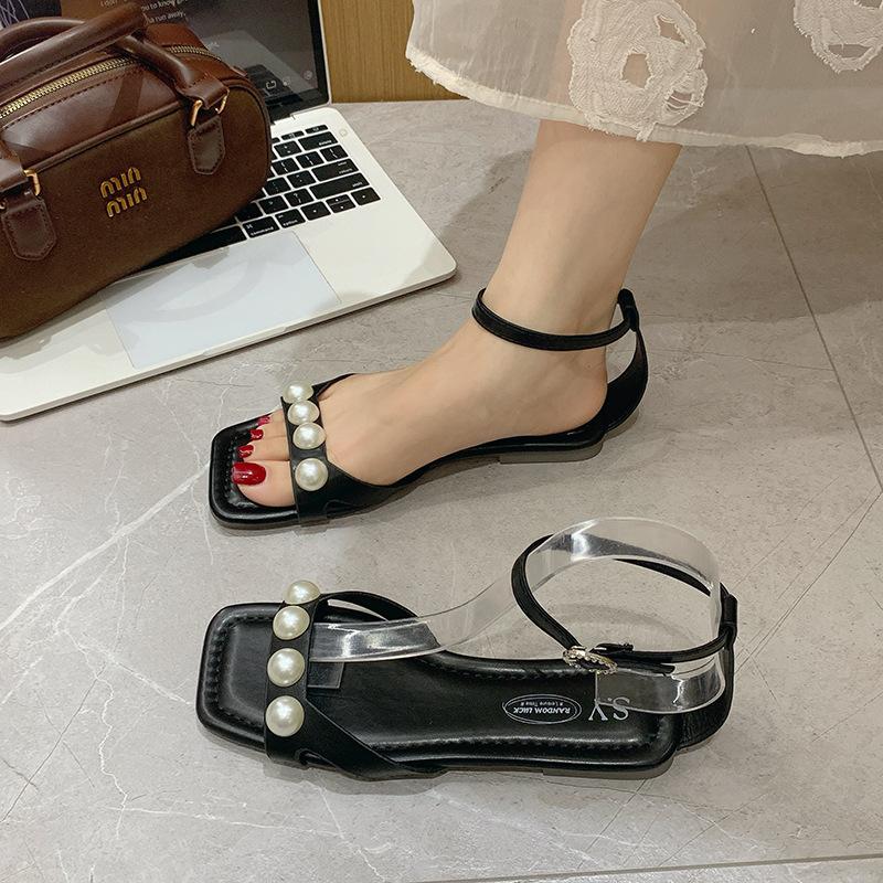 

2025 new fashion pearl one-word sandals women s summer wear high-end sense with skirts versatile beach shoes 40 чёрный