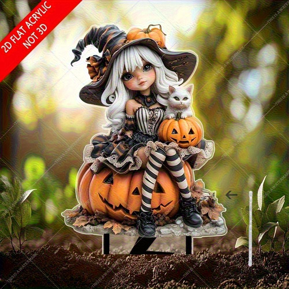 Płaska dekoracja akrylowa 2D czarownicy i kota na zewnątrz, do ogrodu, trawnika, roślin doniczkowych i sztuki krajobrazu, motyw Halloween, odpowiednia na 11 świąt