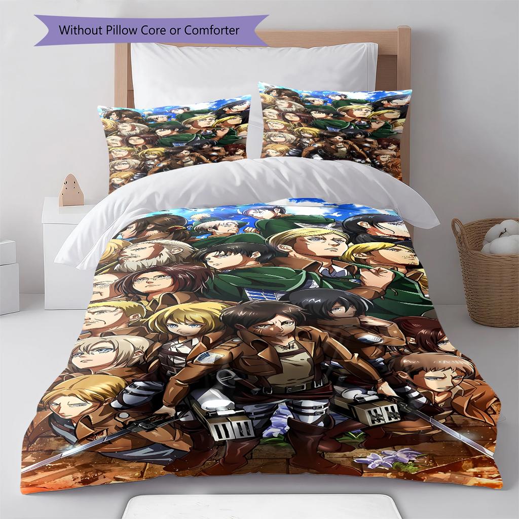 Attack On Titan Pattern Bedding,Quilt Set Quilt Cover Pillowcase Home Birthday Gift (1 * Duvet Cover + 2 * Pillowcase, Without Core)