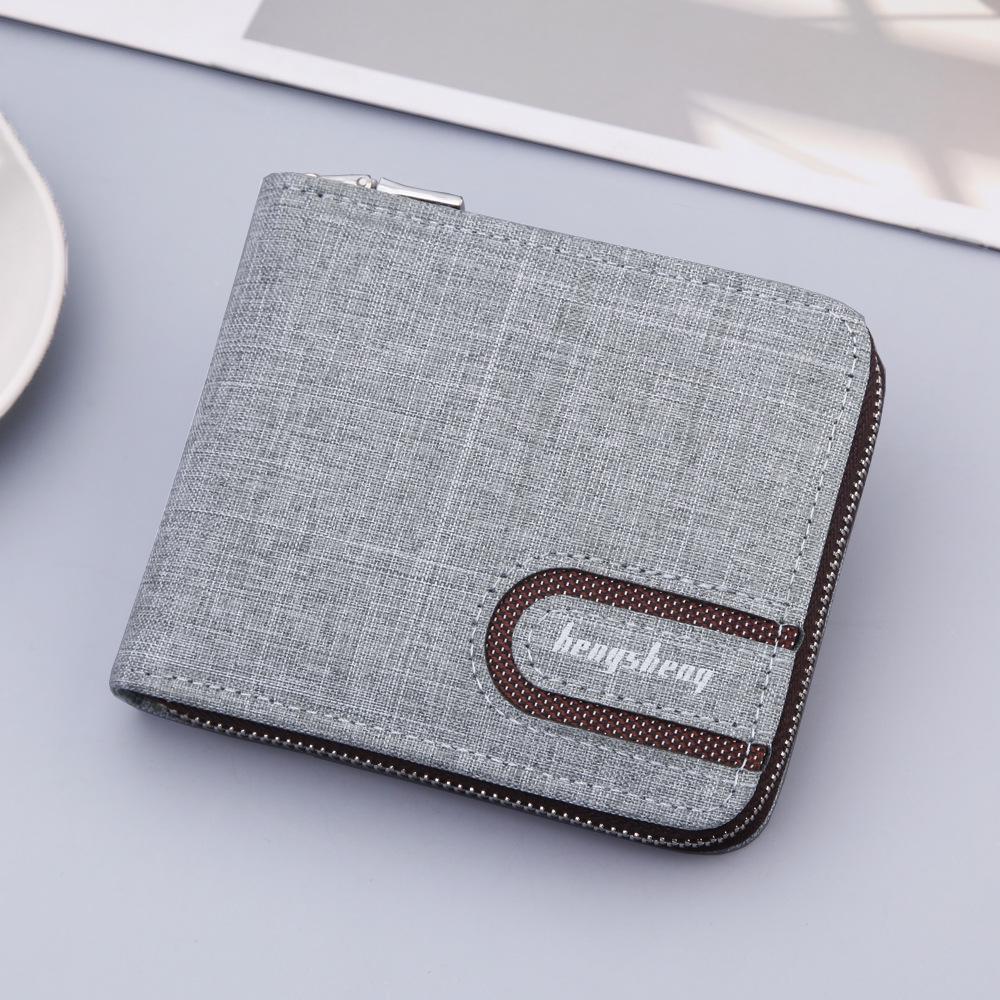 Men's Canvas and Leather Short Wallet with Zipper, Coin Purse, and Multiple Card Slots