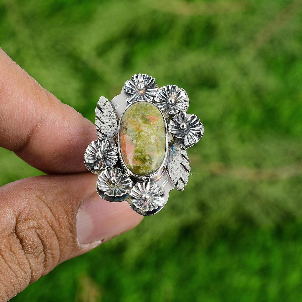 Natural Unakite Gemstone Solitaire Flower Green Adjustable Ring 925 Silver