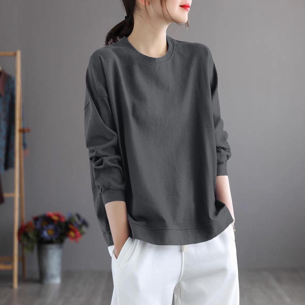 Brand Women's Plus Size Long Sleeve Printed Cotton Top – Round Neck, Casual Style