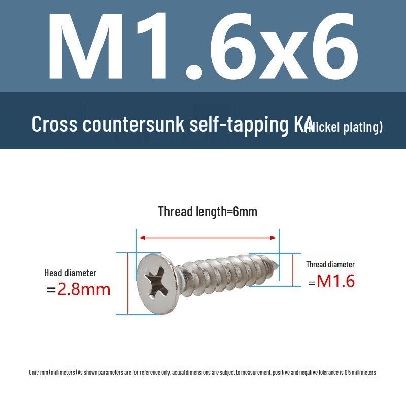 YiguYigu Nickel-Plated Phillips Flat Head Self-Tapping Screws M1-M5, Carbon Steel